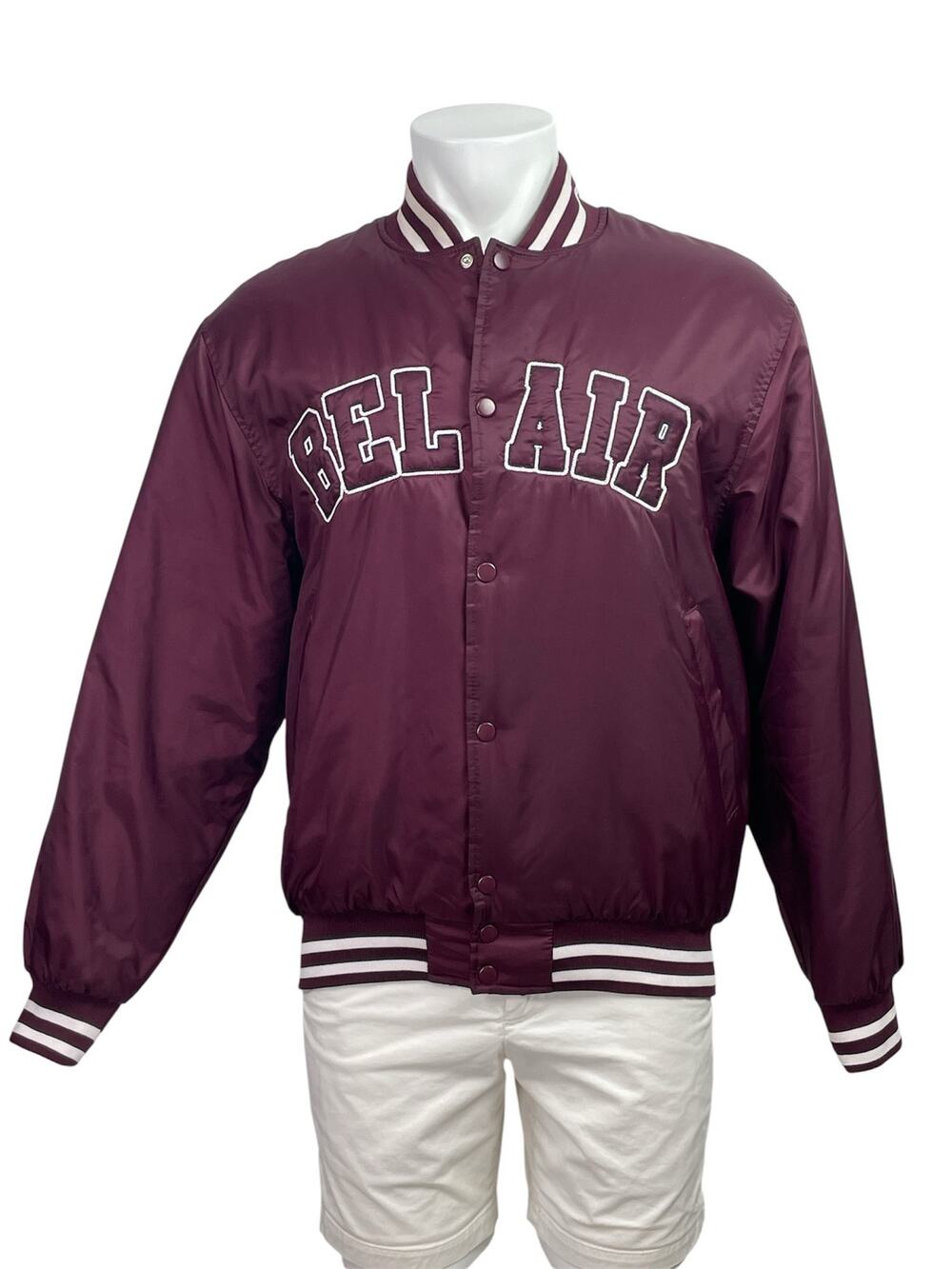 Bel-Air Athletics Women's Maroon White Striped Snap Bomber Varsity Coat Jacket M